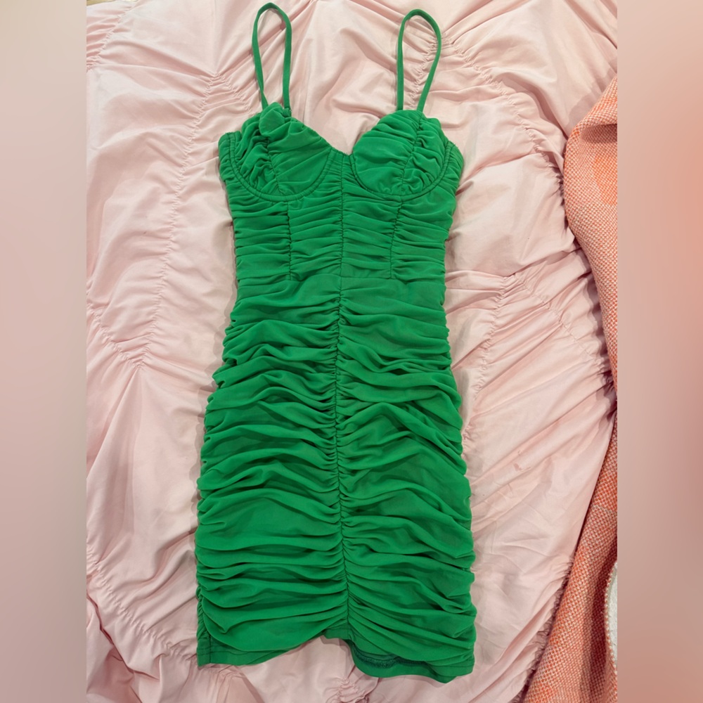 Green scrunched mini dress